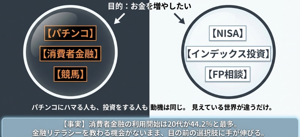 目的は「お金を増やしたい」なのにパチンコにハマる人とインデックスに投資にハマる人が出てくるのを表している図解