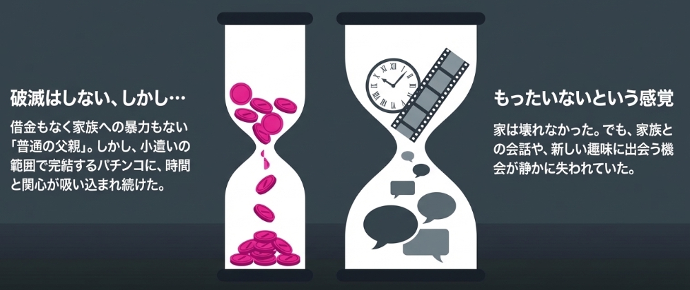パチンコでは破滅までは行かないことが多いが家族との会話や新しい趣味に出会う機会が静かに失わていくことを示す図解
