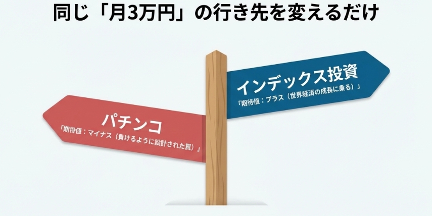 パチンコに出していた3万円をインデックス投資に回していたら...と想像させる図解