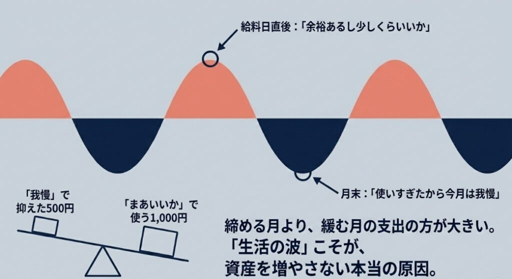 給料が入ってきた時に豪快につかってしまうという波を説明している図解